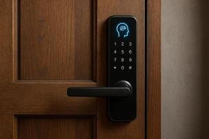 A smart lock with a digital keypad on the door photo