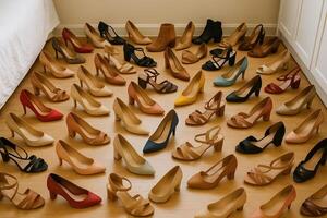 A large number of different types of shoes on the floor photo