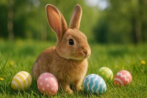 A small brown rabbit is sitting on the grass with colorful easter eggs photo