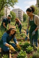 A group of people working in an urban garden photo