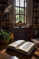 An open book sits on a table in front of a window photo