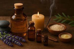 Essential oils and candles on a wooden table photo