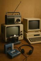 An old computer, a camera, and a radio photo