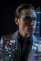 A man wearing glasses and a shiny jacket photo
