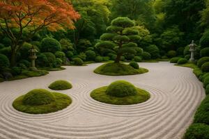 A japanese garden with a circular path and trees photo
