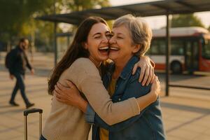 A woman hugging her grandmother in front of a bus photo