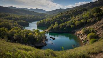 A river surrounded by trees and hills photo