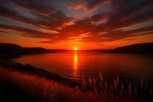 A sunset over a lake with grass and tall grass photo