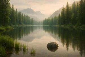 A lake surrounded by trees and mountains photo