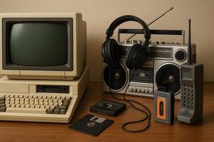An old computer, headphones, and a cassette player photo