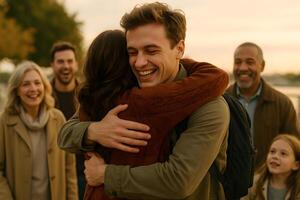 A man hugging a woman and smiling with his family photo