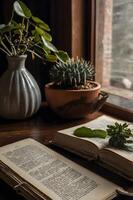 A book and a plant on a table photo