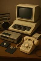 An old computer, a phone, and a tape recorder photo