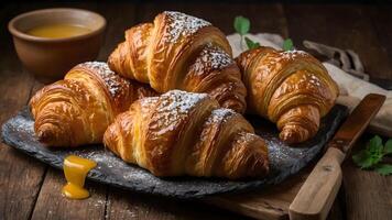 Croissants with honey and butter on a black slate photo