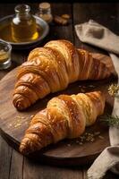 Two croissants on a wooden board with olive oil and spices photo