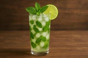 A glass of green drink with mint leaves and ice photo