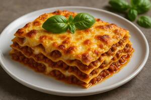 Lasagna with cheese and basil on a plate photo