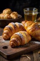 Croissants on a wooden board with a cup of tea photo