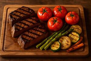 Grilled steak, asparagus and tomatoes on a wooden cutting board photo