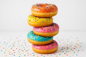 A stack of colorful donuts with sprinkles photo
