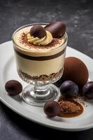 A dessert with chocolate and whipped cream photo