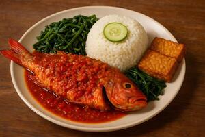 A plate of food with rice, fish, and vegetables photo