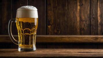 A beer glass with foam on top of a wooden table photo