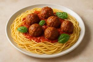 Spaghetti with meatballs and tomato sauce on a white plate photo