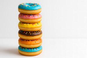 A stack of colorful donuts on a white background photo