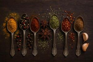 Spoons with different spices on a wooden table photo