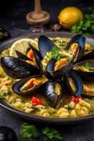 Mussels in a creamy sauce with parsley and lemon photo