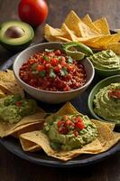 A plate of tortilla chips, salsa and guacamole photo