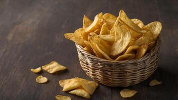 A basket filled with chips on a wooden table photo