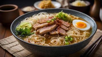 A bowl of ramen with meat, eggs and noodles photo