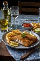 Fish and chips on a plate with a glass of wine photo