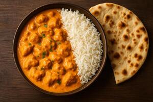 Chicken tikka masala curry with rice and naan photo