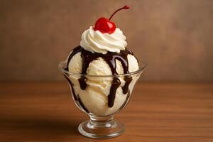 A glass bowl with a sundae with whipped cream and a cherry on top photo