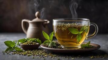 Green tea with mint leaves and leaves on a dark background photo