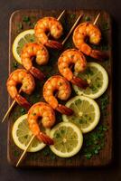 Shrimp skewers with lemon slices on a wooden cutting board photo