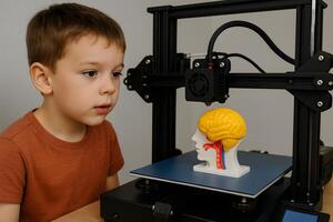 A young boy is looking at a 3d printer photo