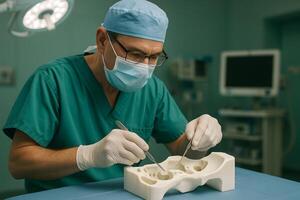 A surgeon is working on a model of a tooth photo