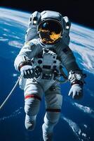 An astronaut floating in space with a rope photo
