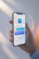 Hand holding a smartphone with a chatbot on the screen photo
