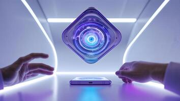 Hands reaching for a phone with a futuristic design photo