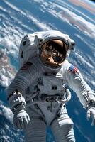 An astronaut in space with earth in the background photo