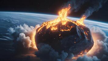 An asteroid is seen in the sky with flames coming out of it photo