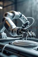 Robot arm working on a machine in a factory photo