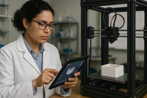 A woman in a lab coat is using a 3d printer photo