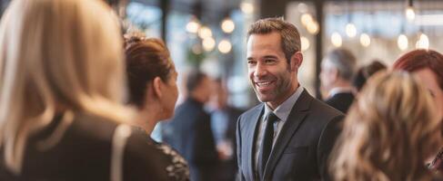 The businessman smiling during a networking event in a stylish indoor setting. photo