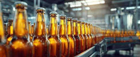 The assembly line of amber glass bottles in a modern brewery factory environment. photo